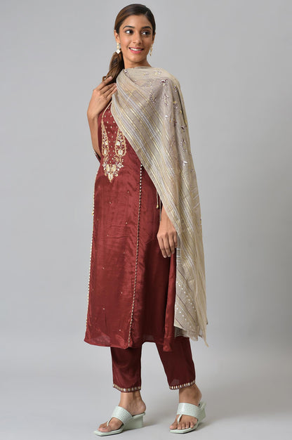 LIVA Dark Red Zari Embroidered kurta with Trousers and Grey Dupatta