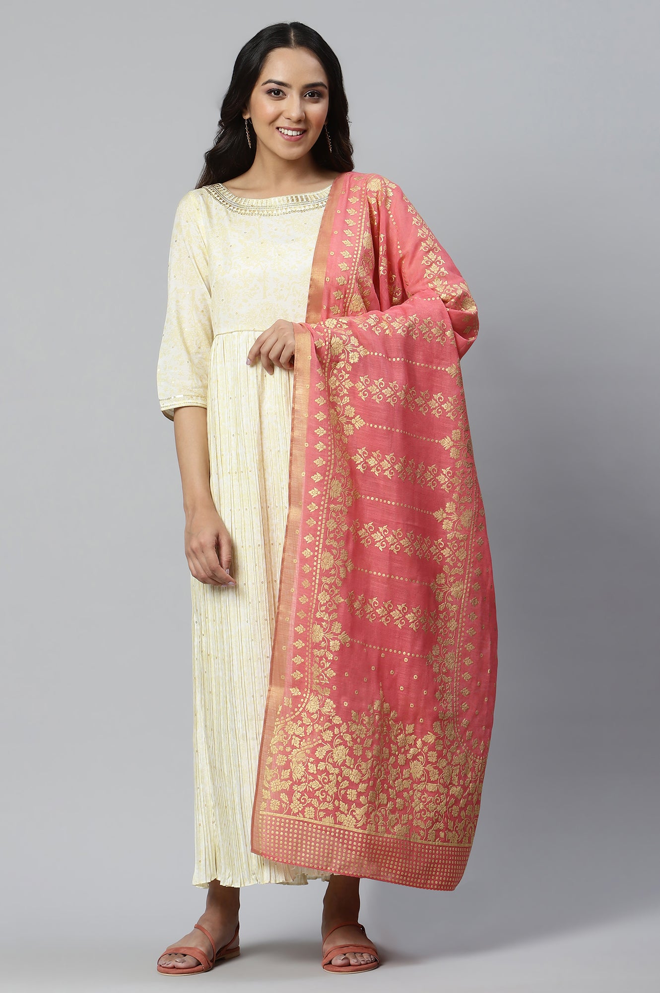 Natural Heavy Festive Dress with Pink Printed Dupatta