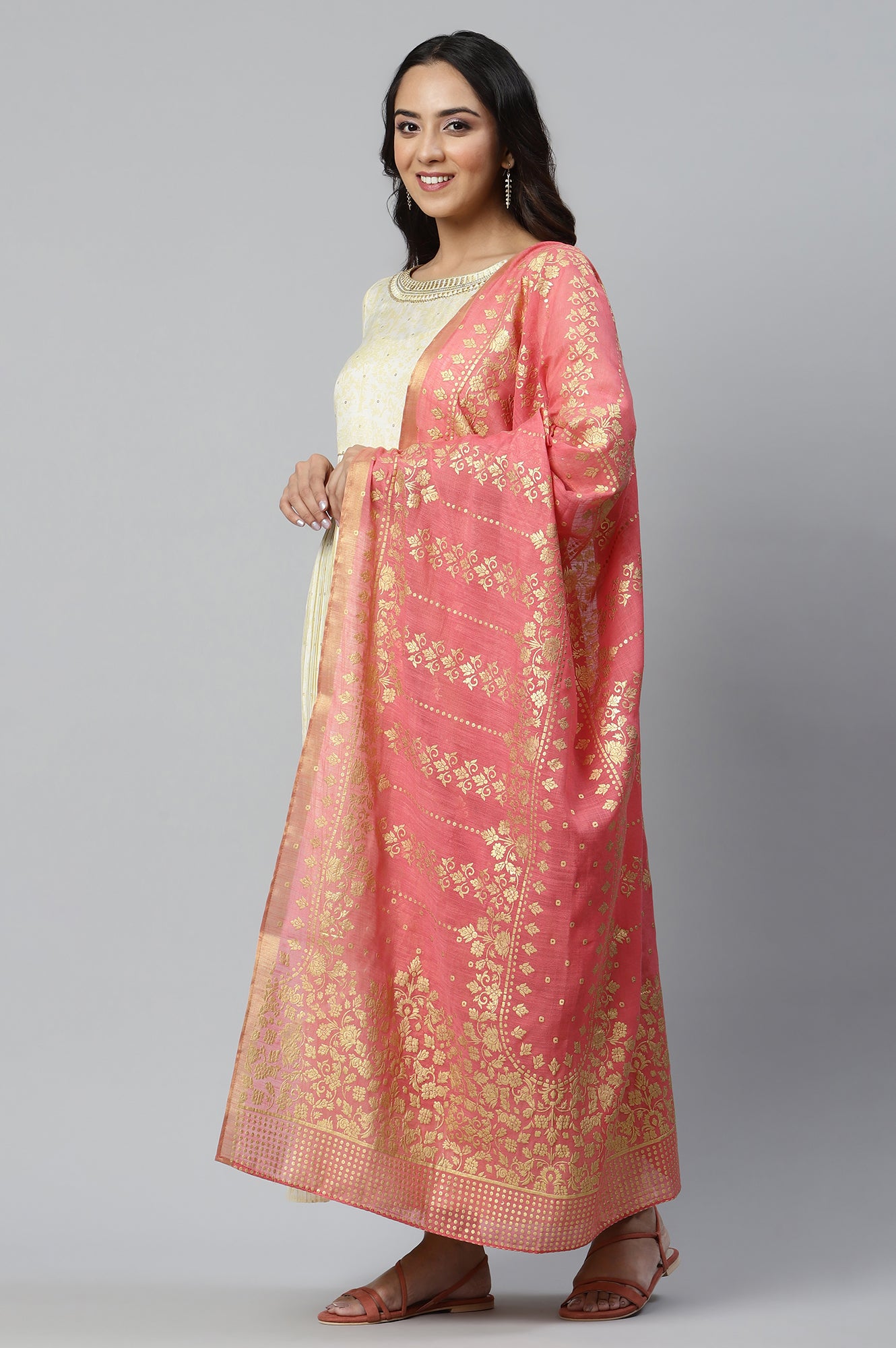 Natural Heavy Festive Dress with Pink Printed Dupatta