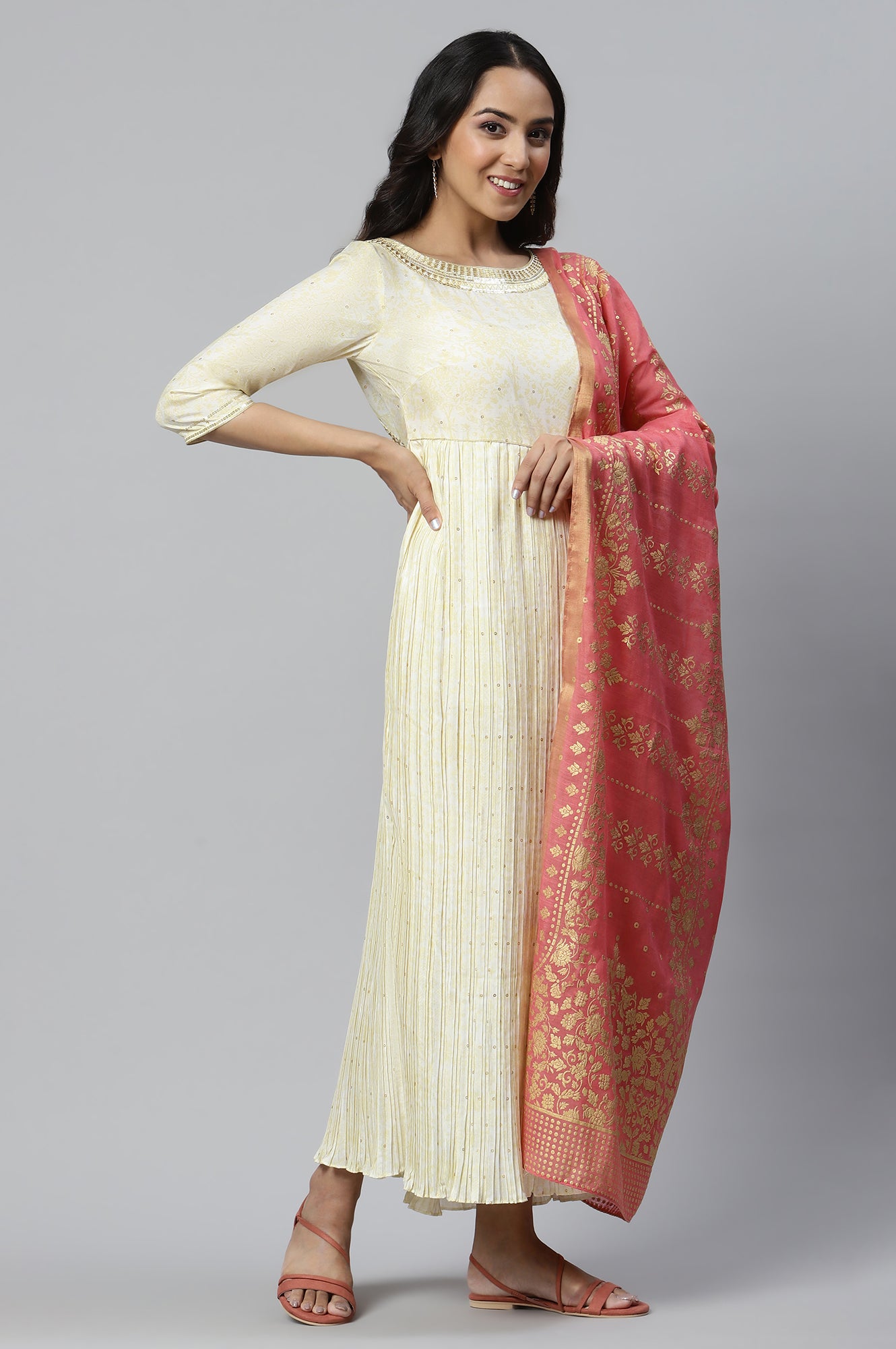 Natural Heavy Festive Dress with Pink Printed Dupatta