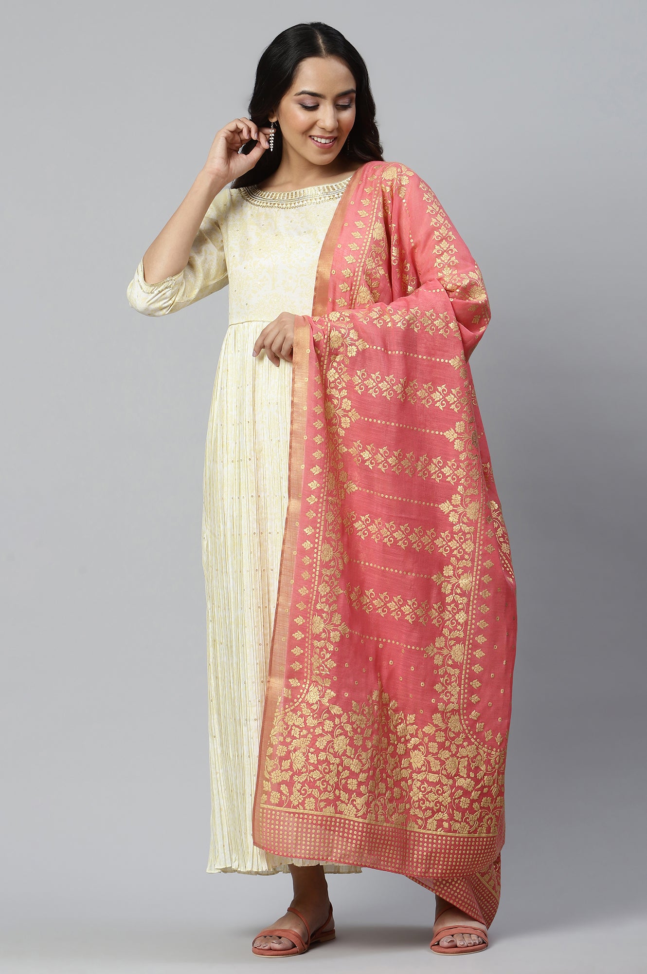 Natural Heavy Festive Dress with Pink Printed Dupatta