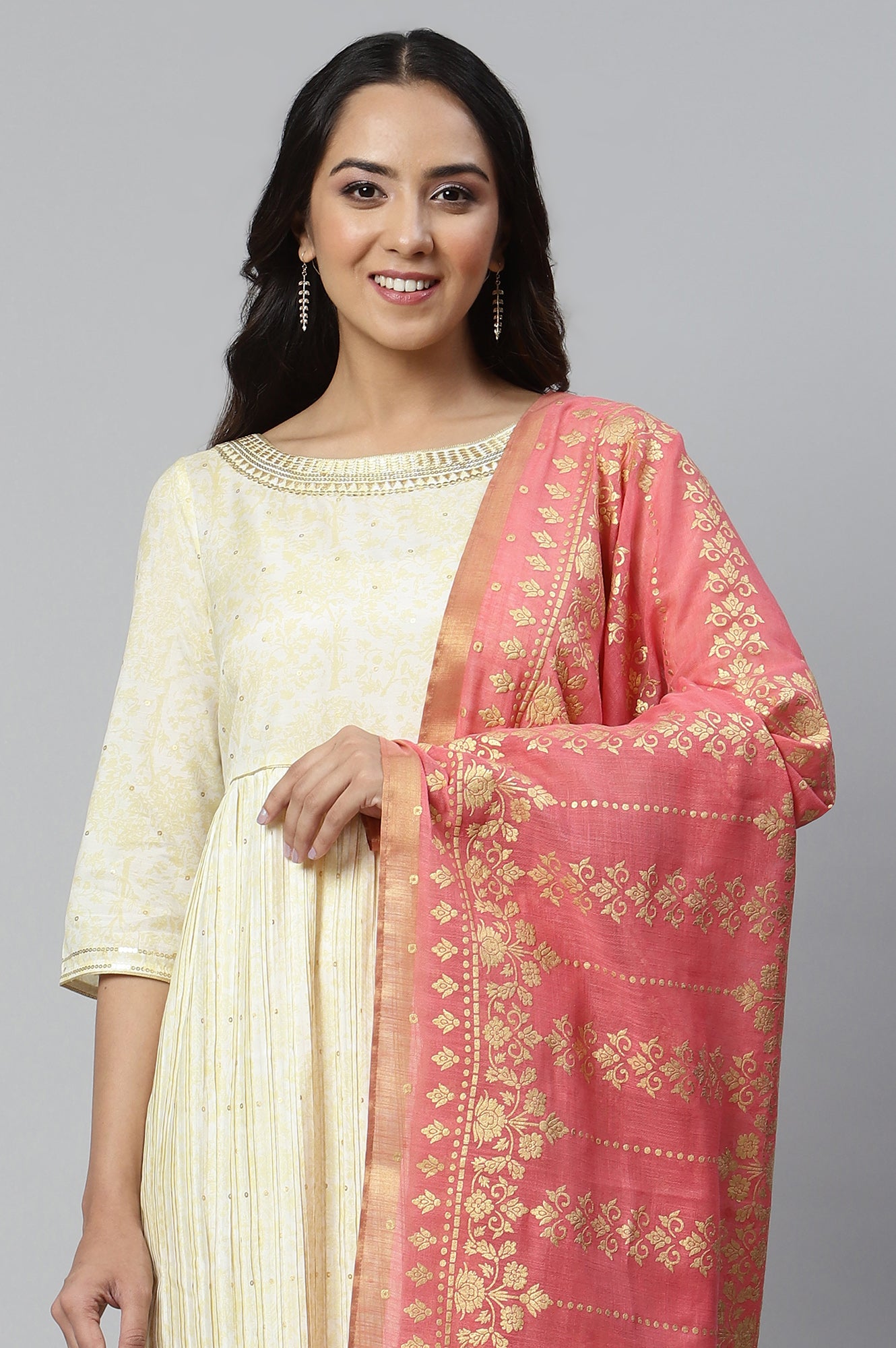 Natural Heavy Festive Dress with Pink Printed Dupatta