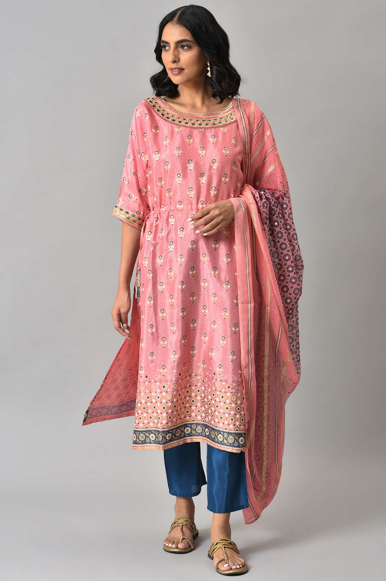 LIVA Pink Printed kurta with Blue Trousers and Pink Dupatta