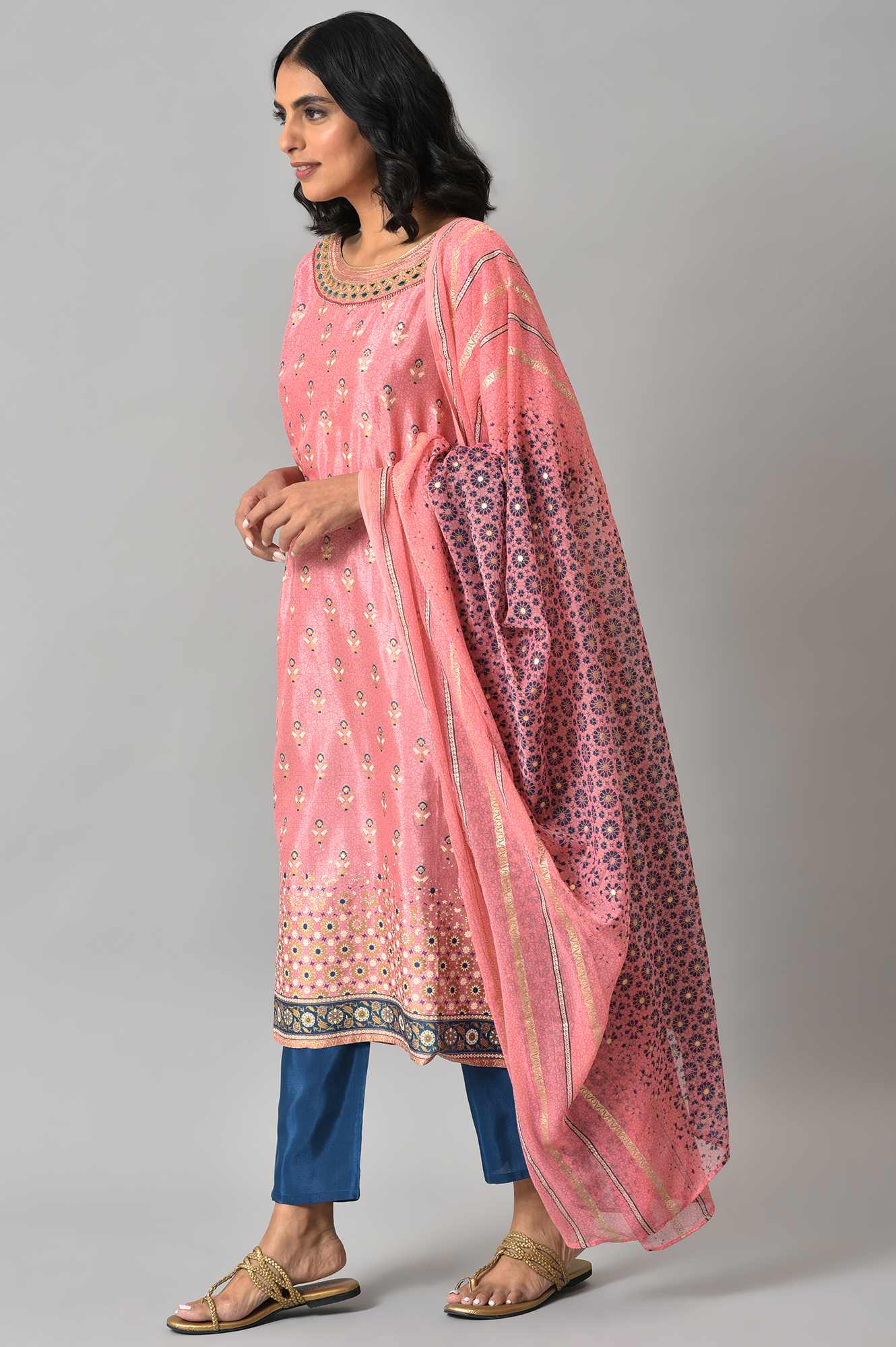 LIVA Pink Printed kurta with Blue Trousers and Pink Dupatta