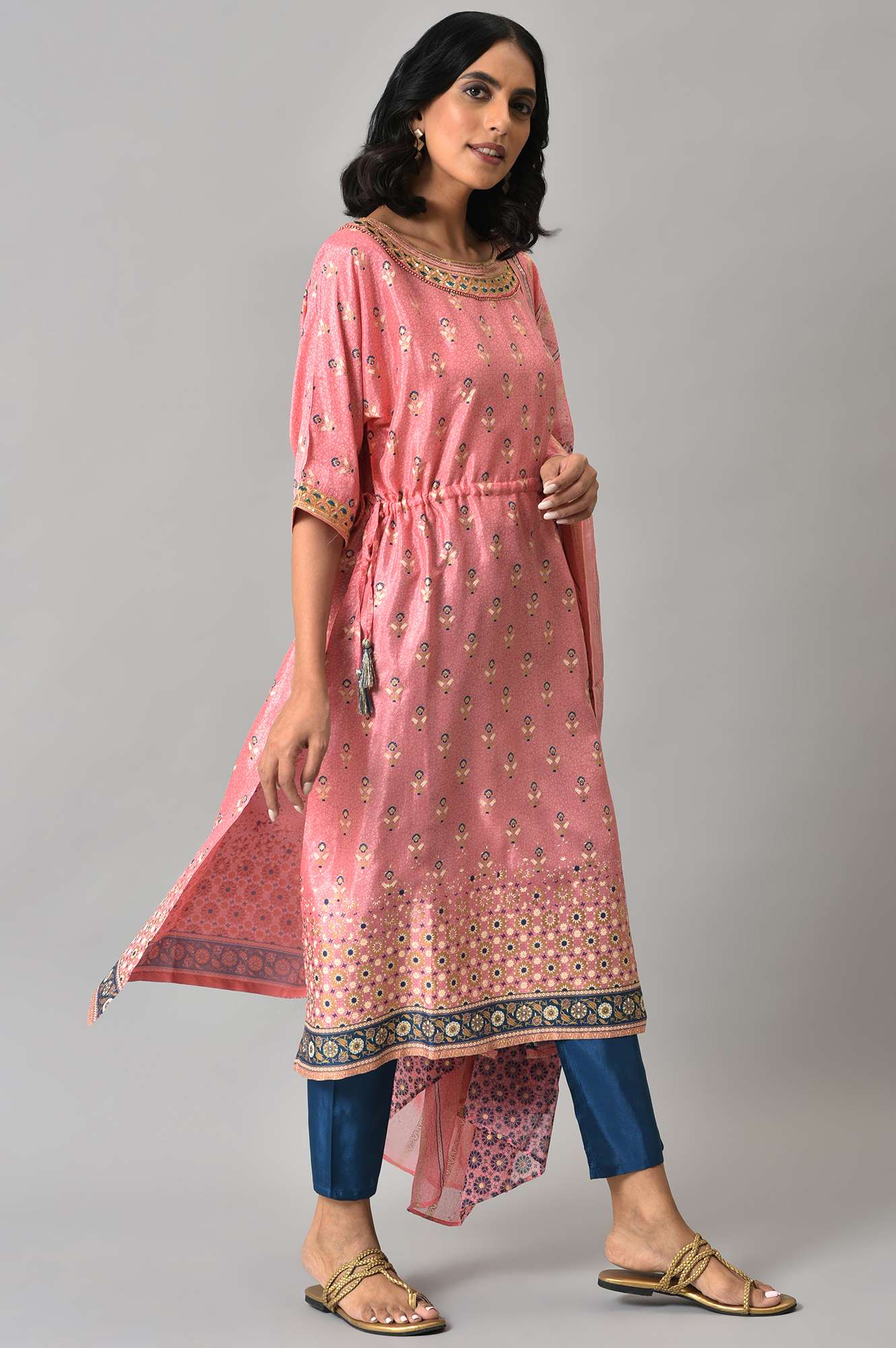 LIVA Pink Printed kurta with Blue Trousers and Pink Dupatta