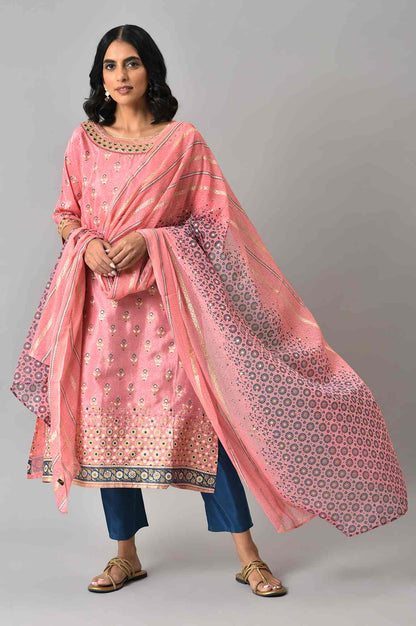 LIVA Pink Printed kurta with Blue Trousers and Pink Dupatta