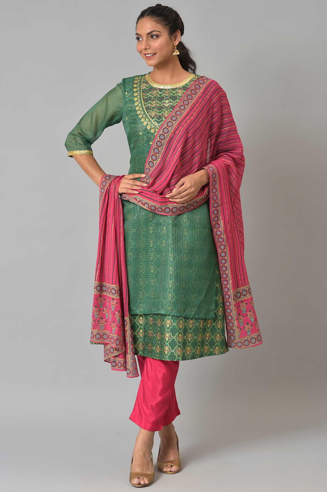 Green Zari Embroidered kurta With Pink Trousers And Dupatta