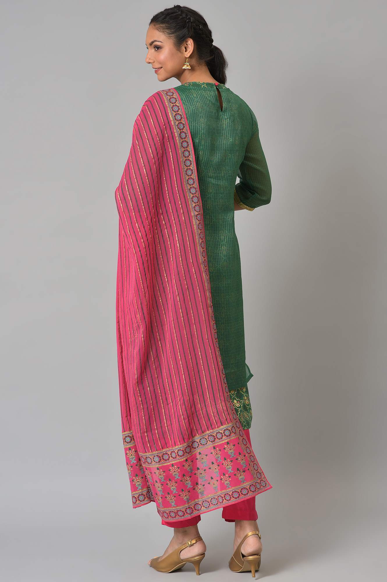 Green Zari Embroidered kurta With Pink Trousers And Dupatta