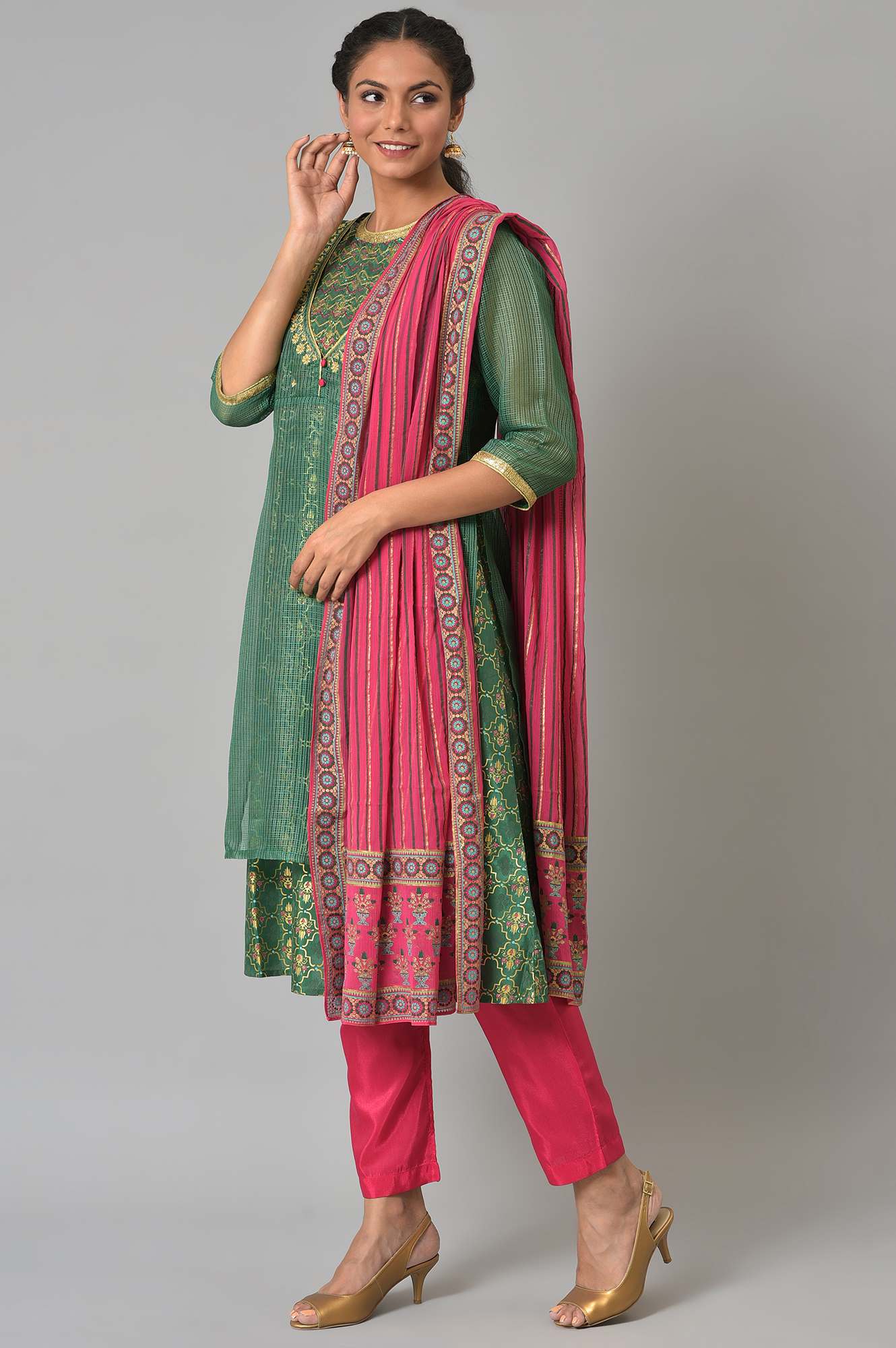 Green Zari Embroidered kurta With Pink Trousers And Dupatta