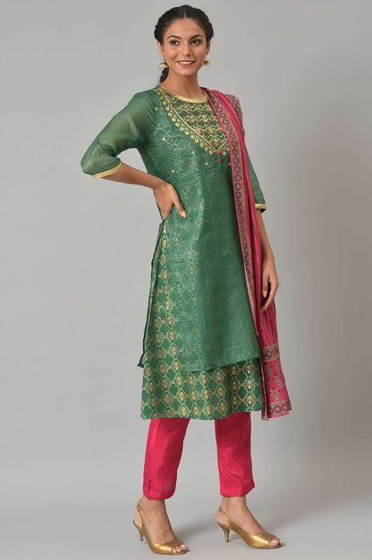 Green Zari Embroidered kurta With Pink Trousers And Dupatta