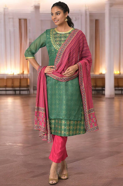 Green Zari Embroidered kurta With Pink Trousers And Dupatta
