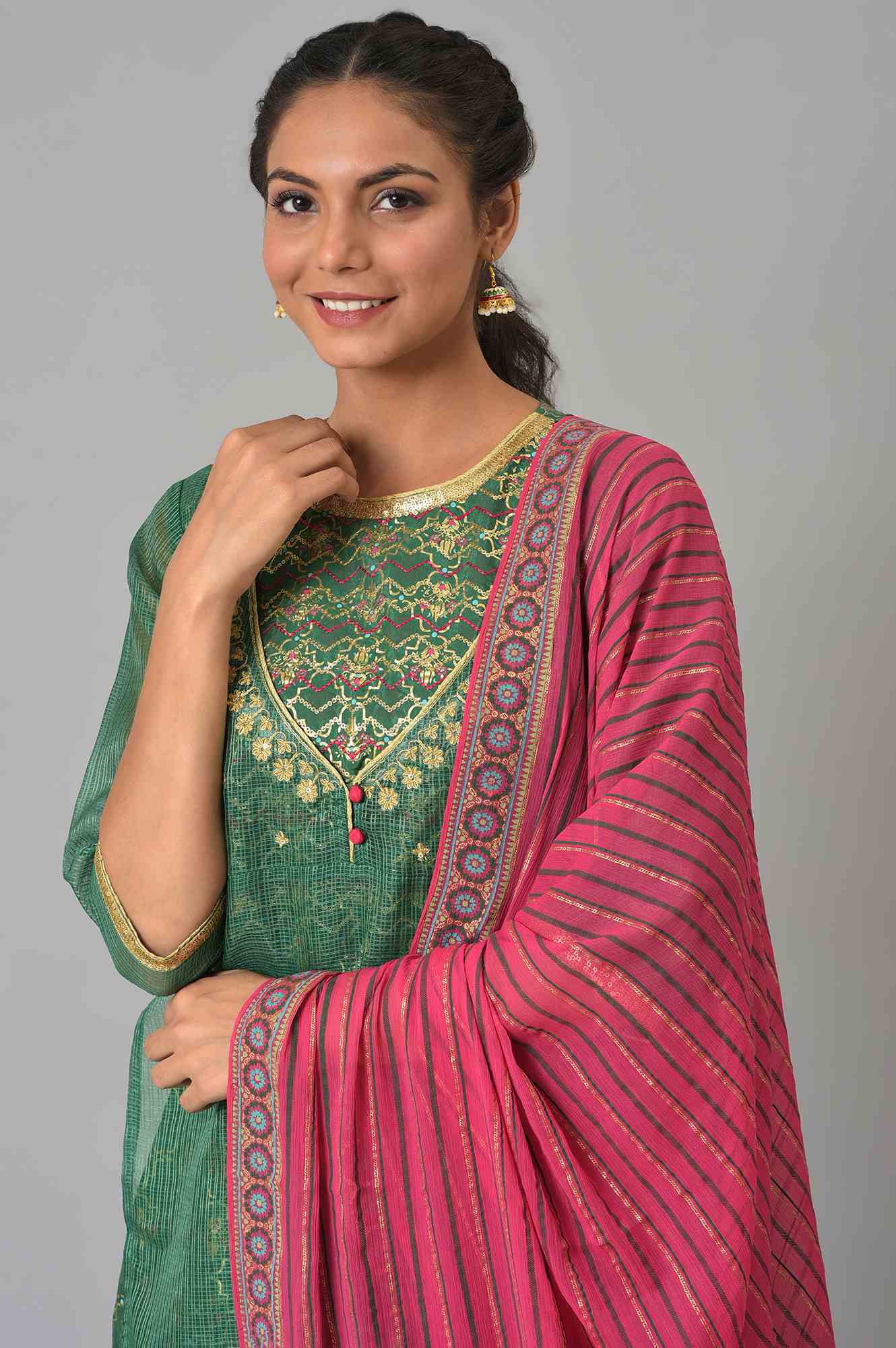 Green Zari Embroidered kurta With Pink Trousers And Dupatta