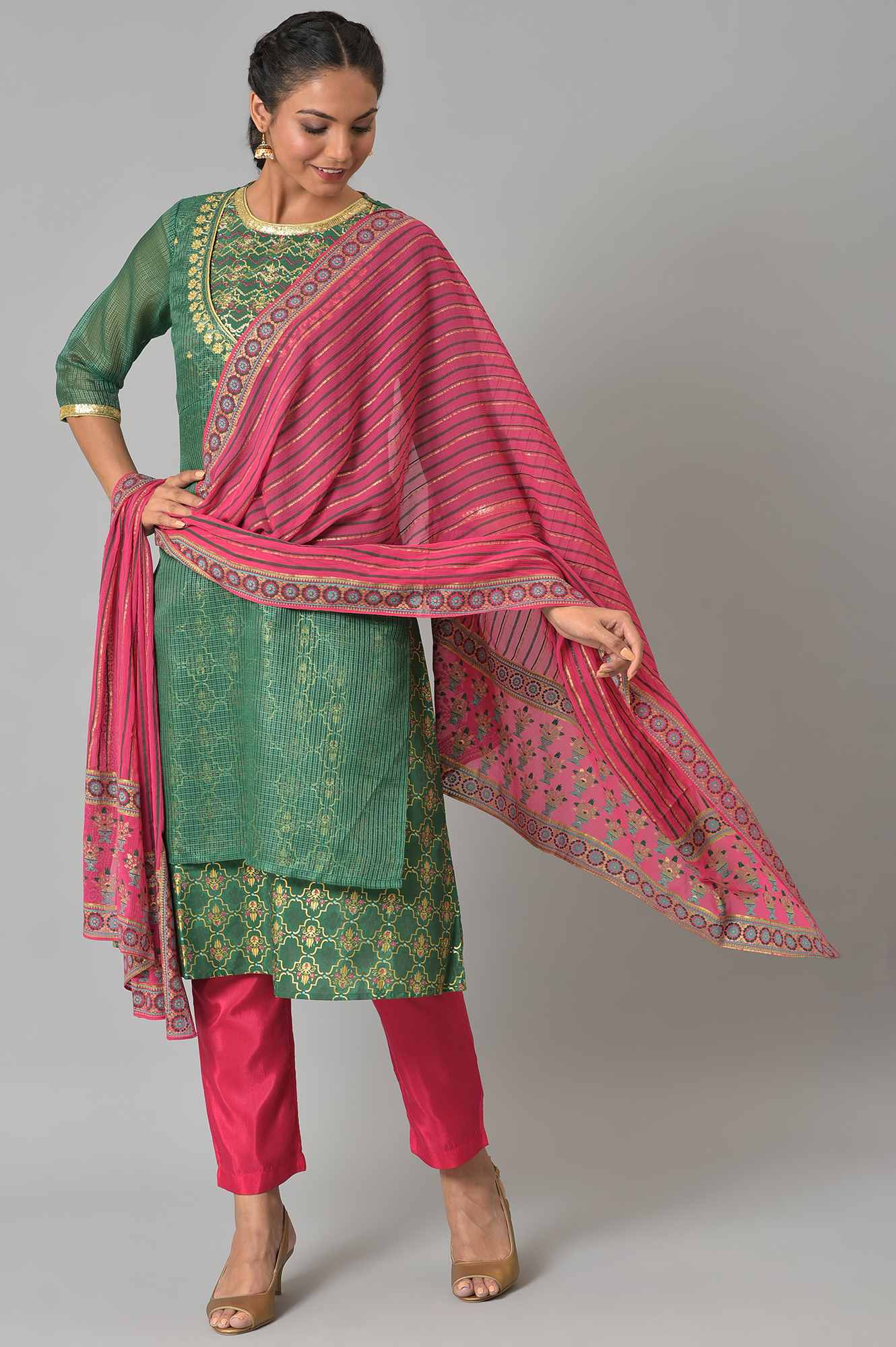 Green Zari Embroidered kurta With Pink Trousers And Dupatta