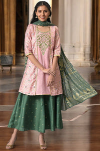 Pink Zari Embroidered kurta with Green Palazzo and Dupatta