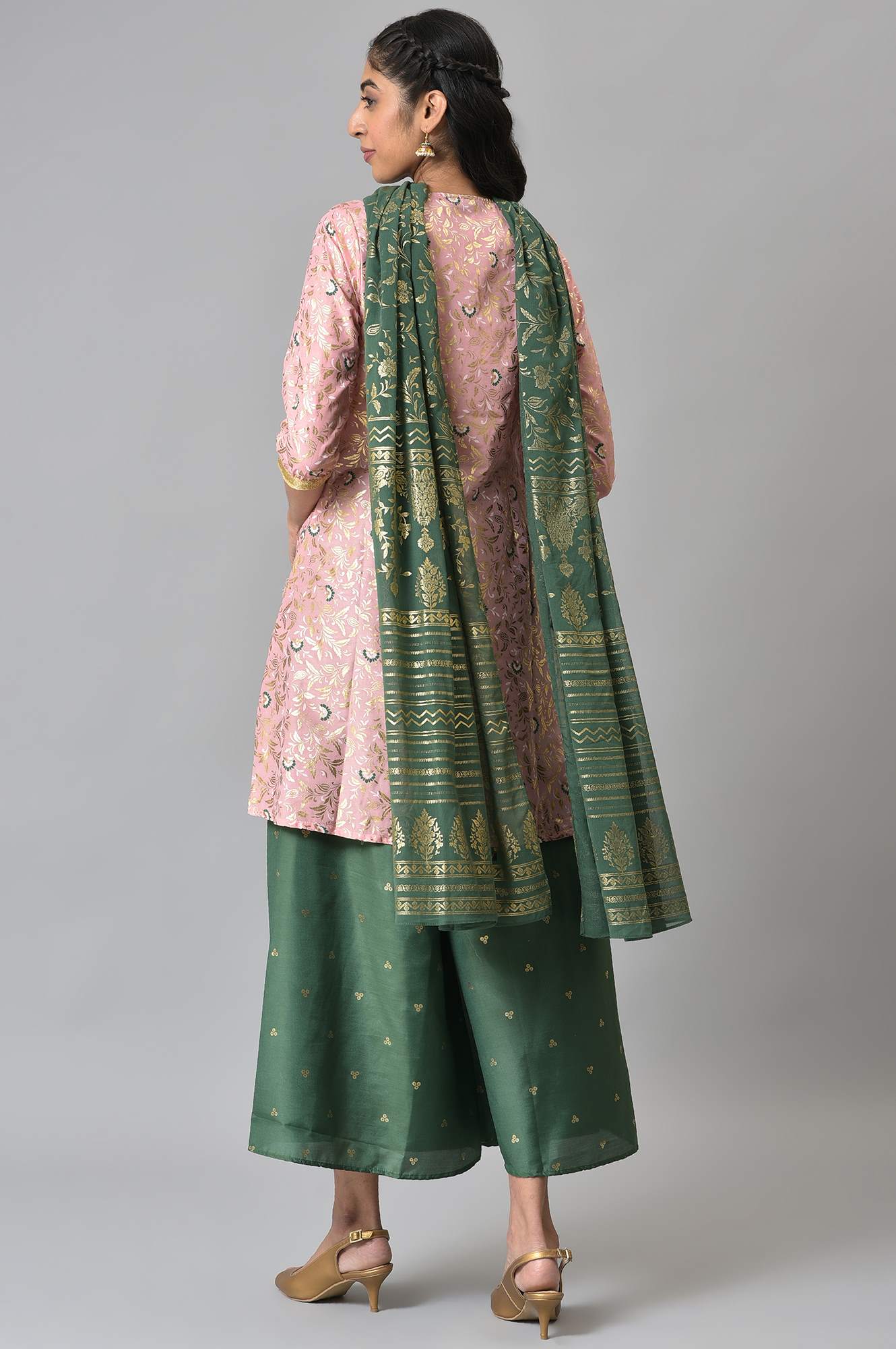 Pink Zari Embroidered kurta with Green Palazzo and Dupatta