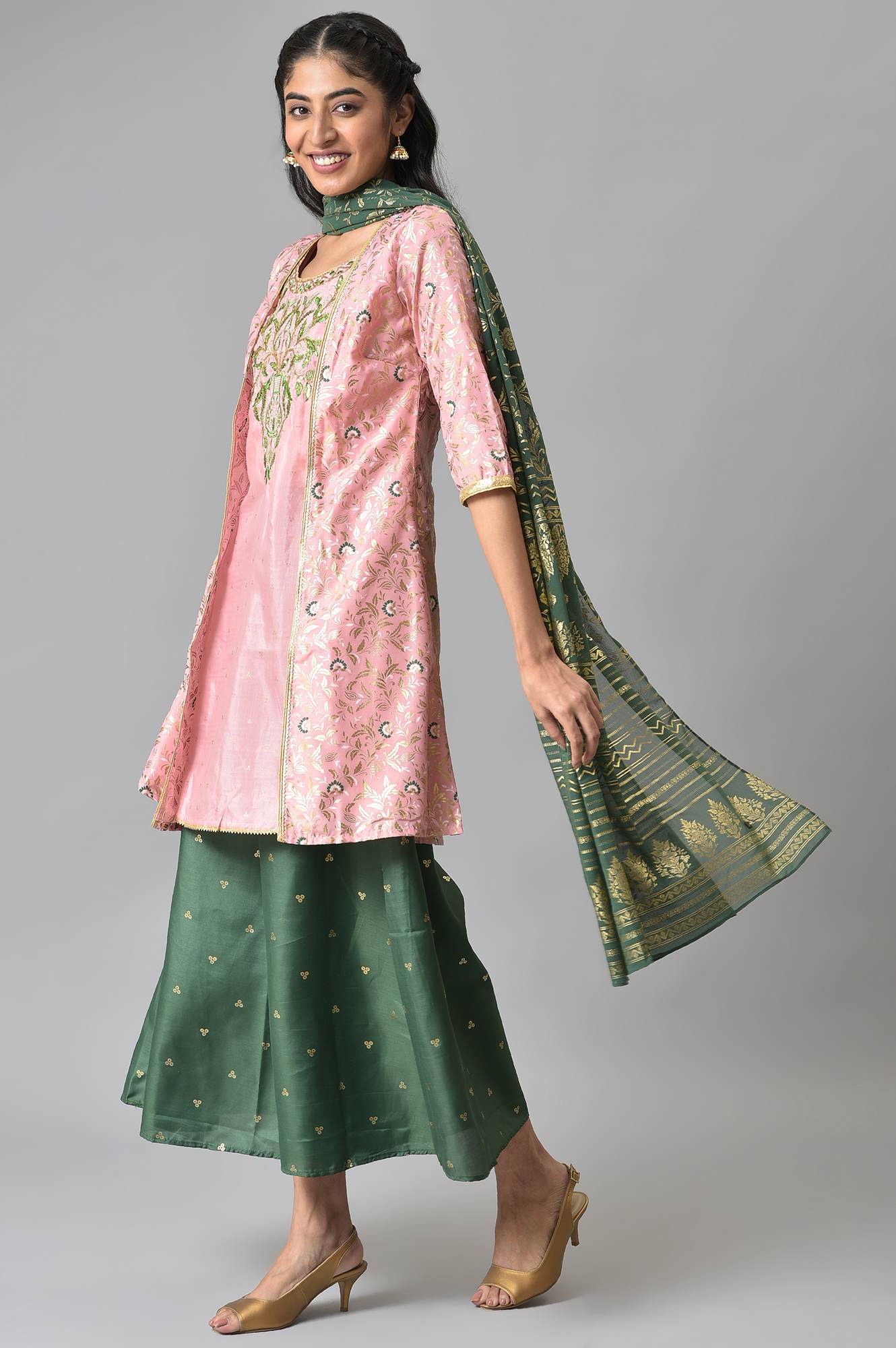 Pink Zari Embroidered kurta with Green Palazzo and Dupatta