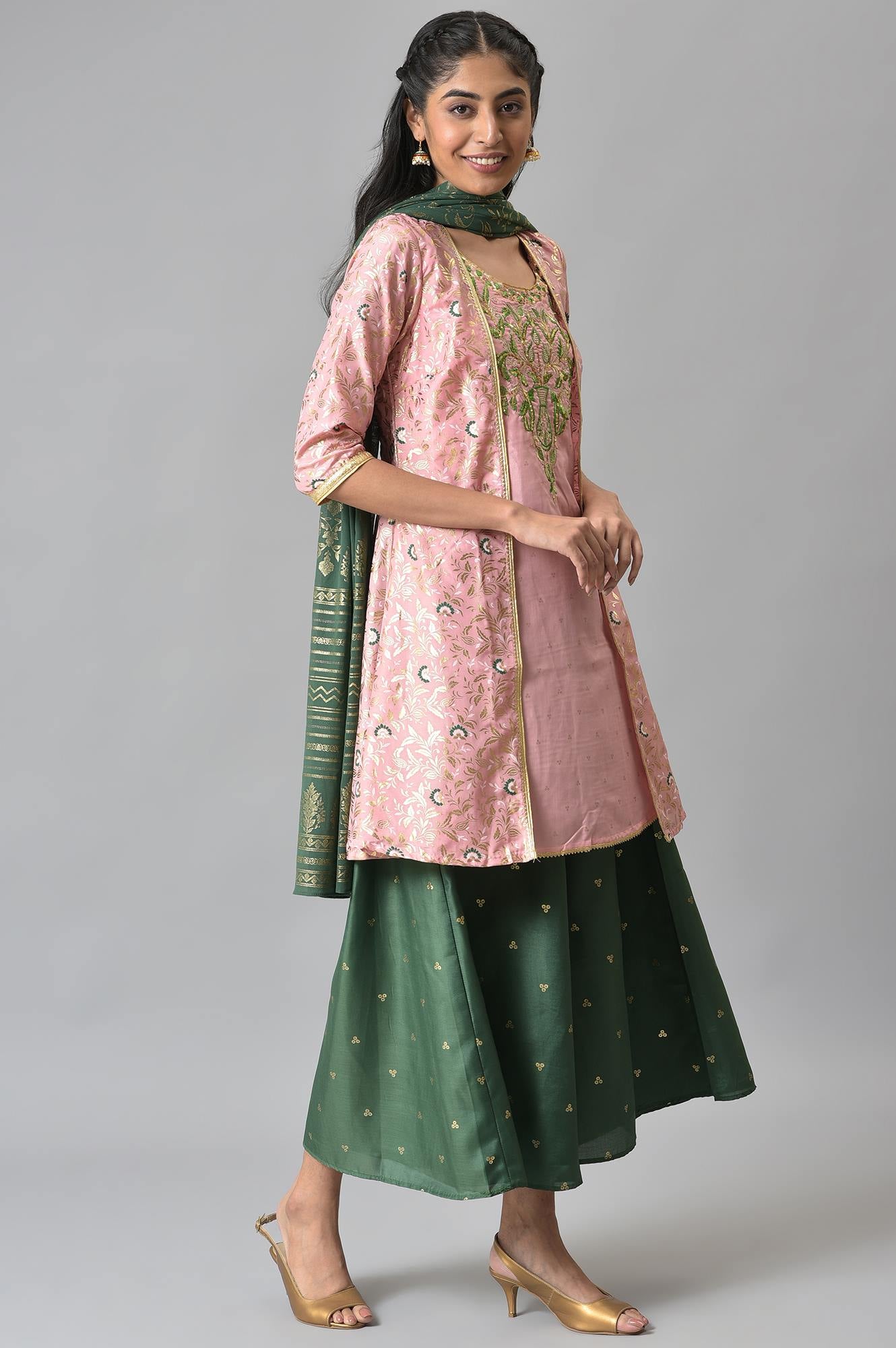 Pink Zari Embroidered kurta with Green Palazzo and Dupatta