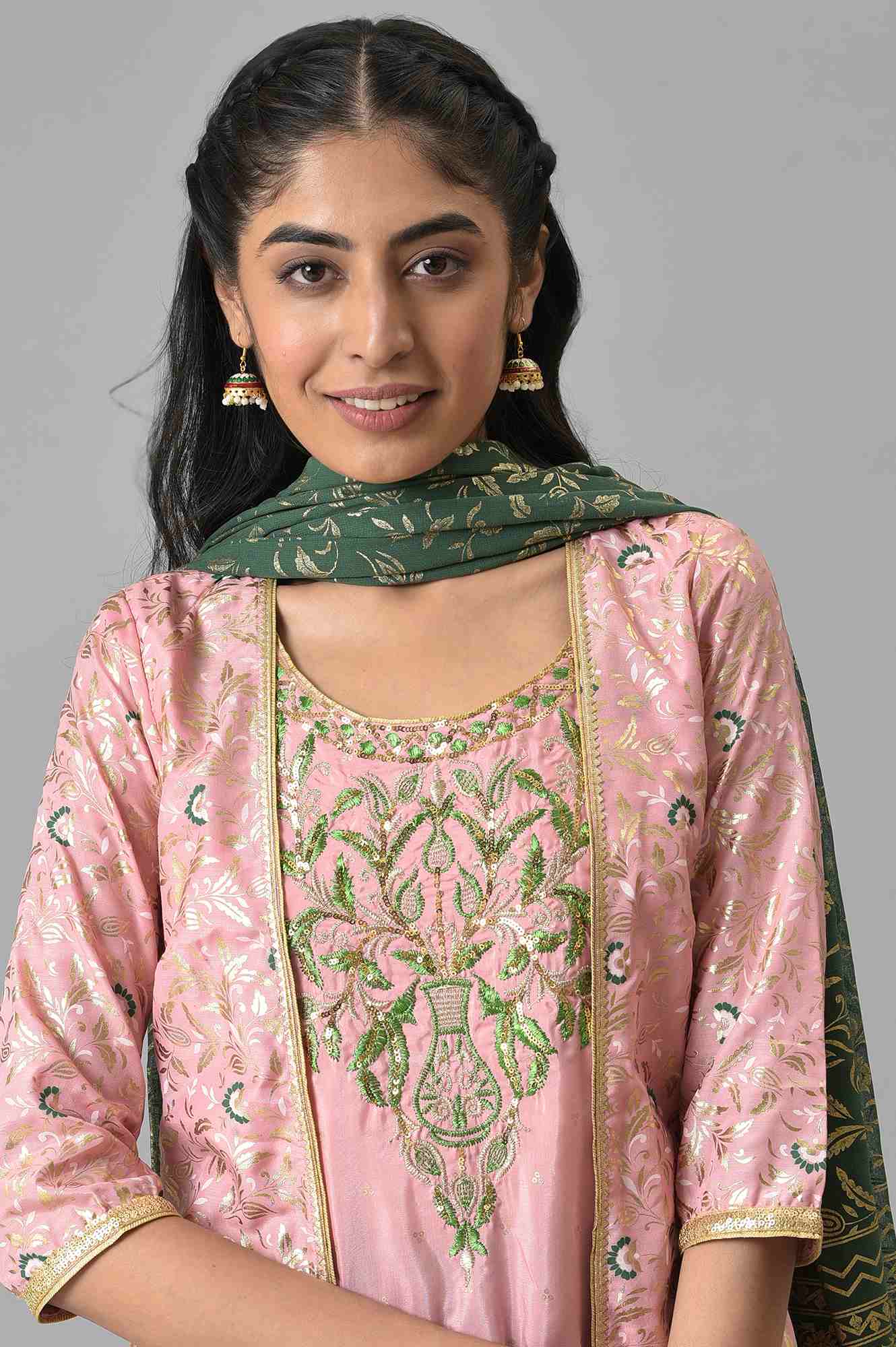 Pink Zari Embroidered kurta with Green Palazzo and Dupatta