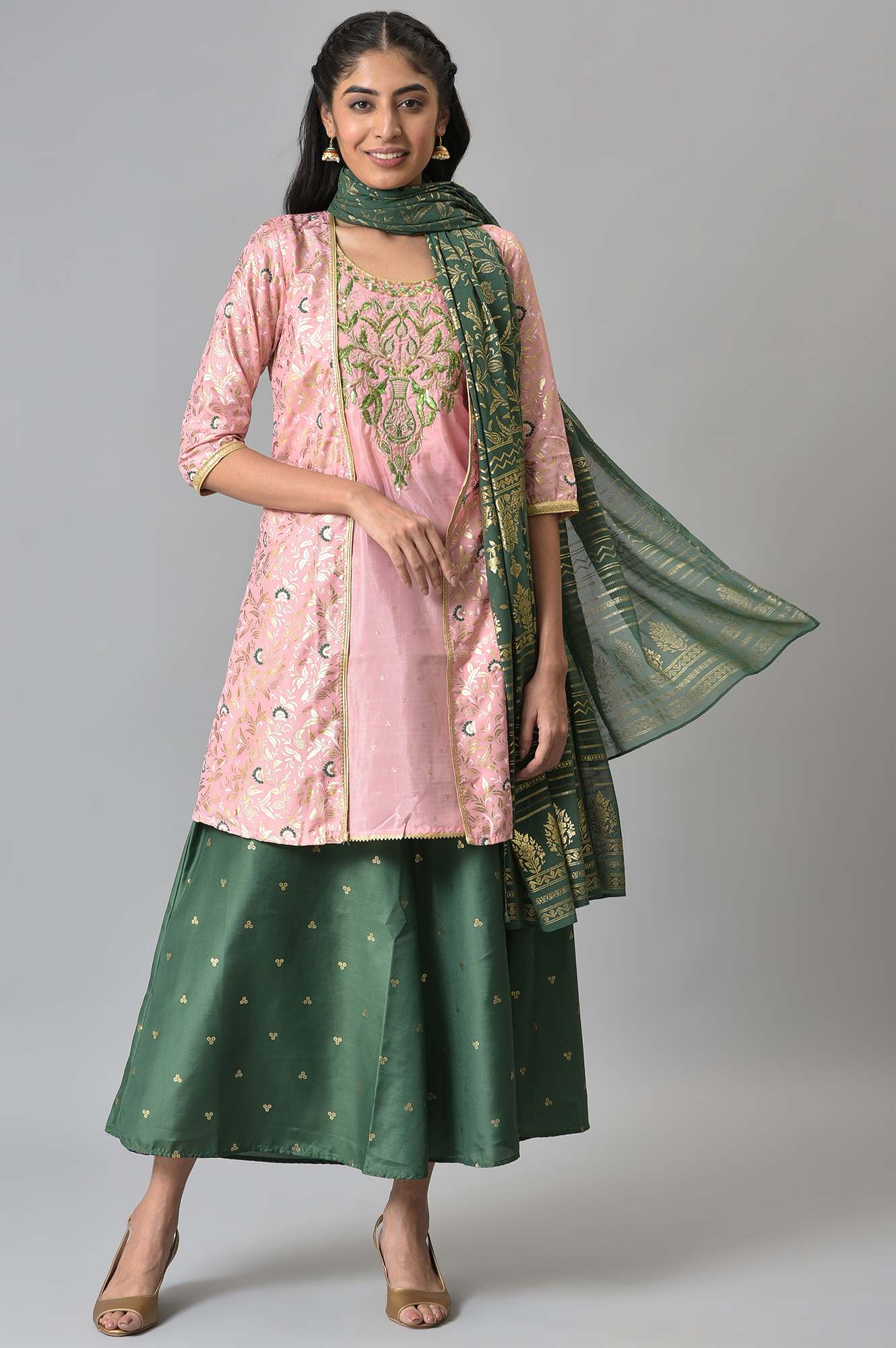 Pink Zari Embroidered kurta with Green Palazzo and Dupatta