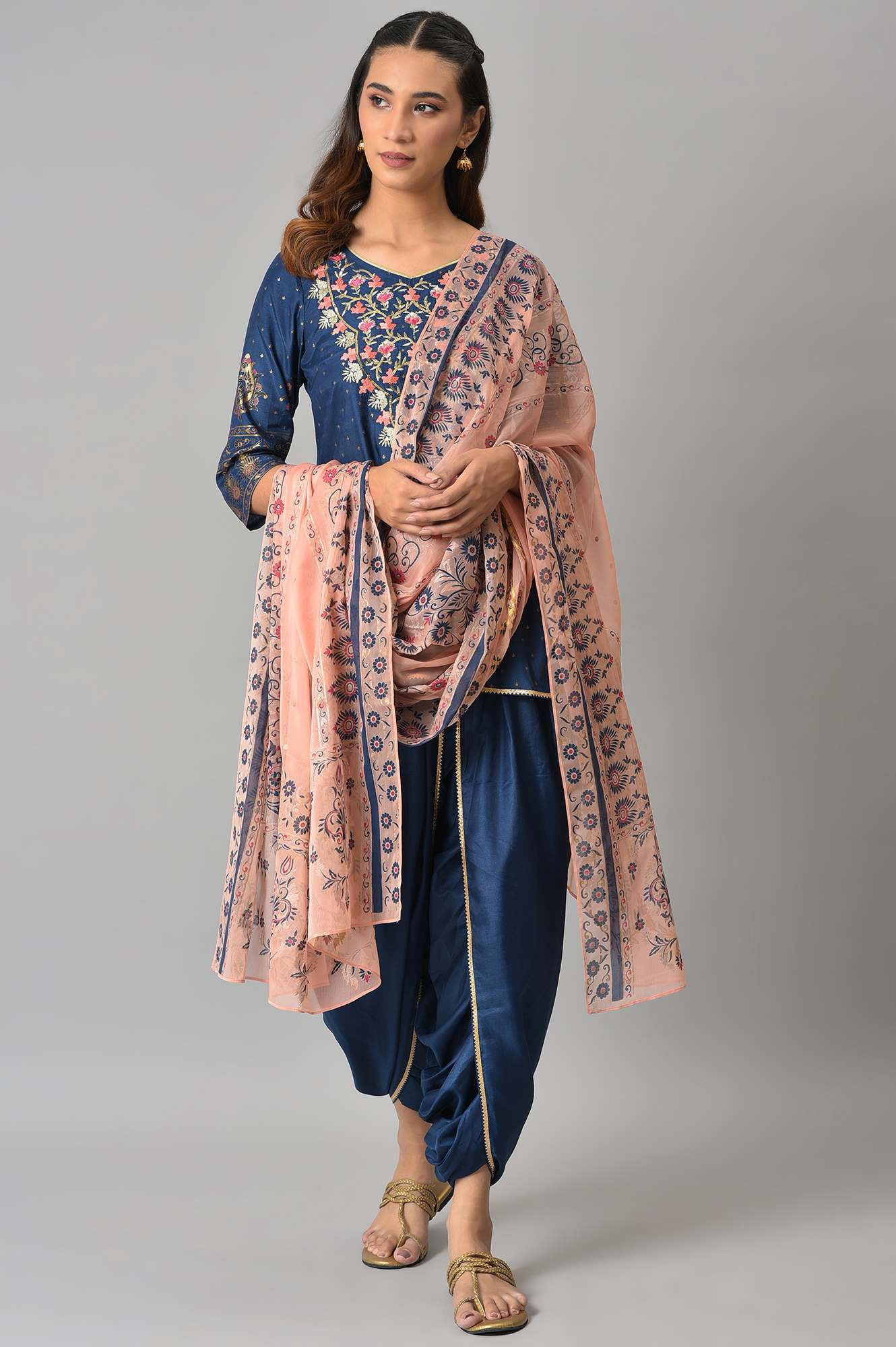 Blue Embroidered Short kurta with Dhoti Pants and Peach Dupatta