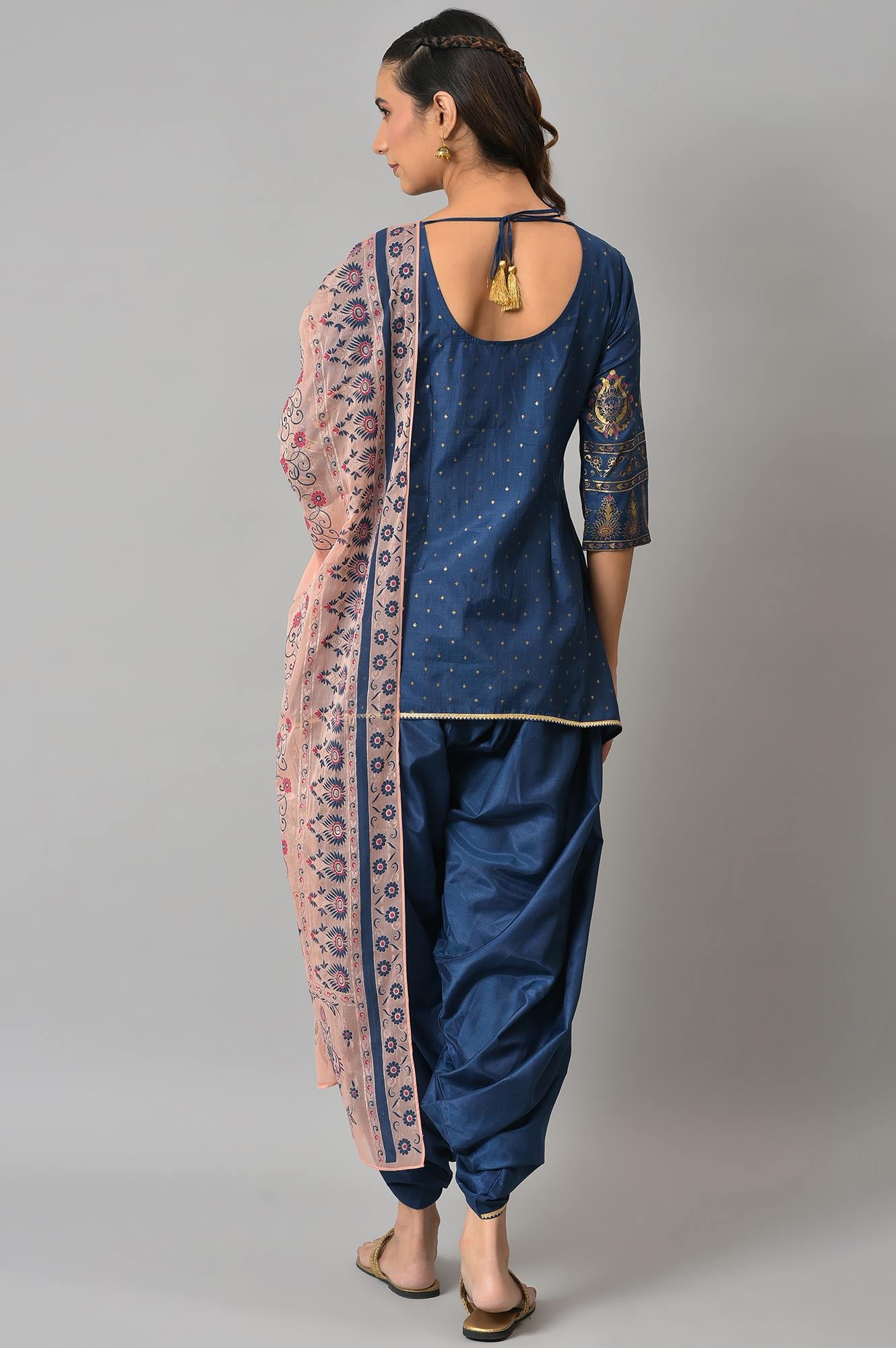 Blue Embroidered Short kurta with Dhoti Pants and Peach Dupatta