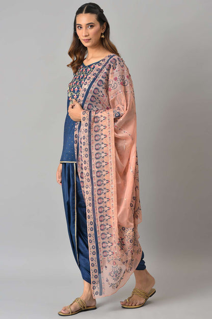 Blue Embroidered Short kurta with Dhoti Pants and Peach Dupatta