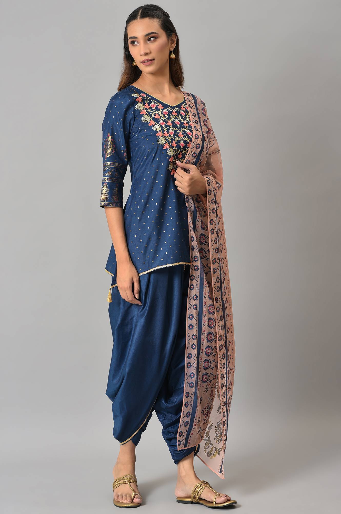 Blue Embroidered Short kurta with Dhoti Pants and Peach Dupatta