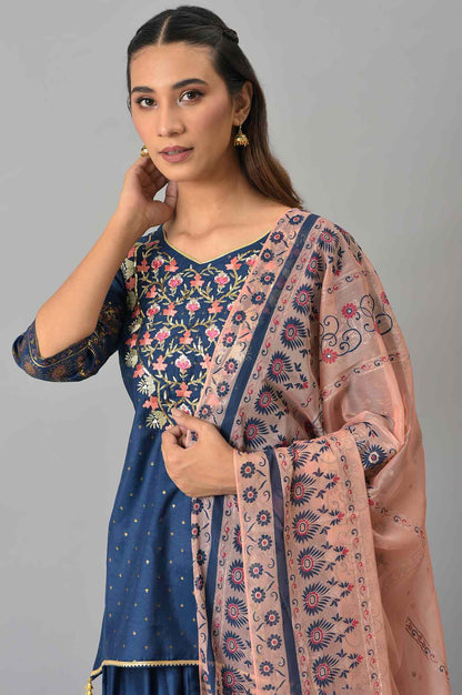 Blue Embroidered Short kurta with Dhoti Pants and Peach Dupatta