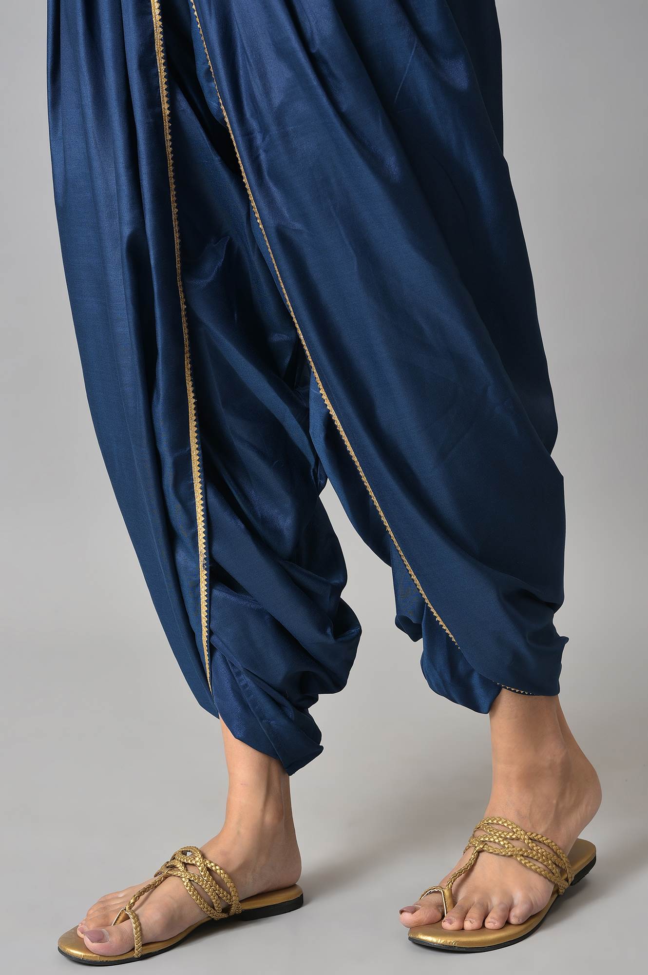 Blue Embroidered Short kurta with Dhoti Pants and Peach Dupatta