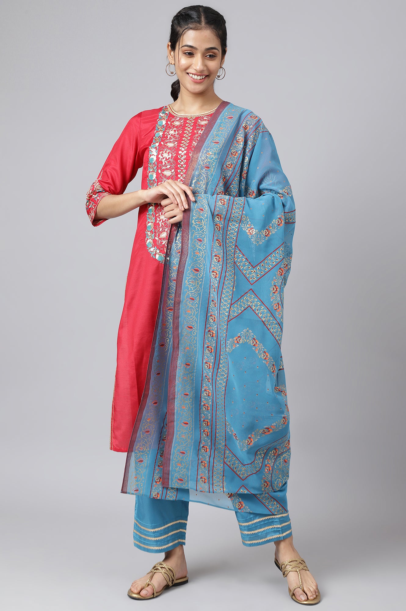 Red Embroidered Kurta With Blue Straight Palazzo And Dupatta