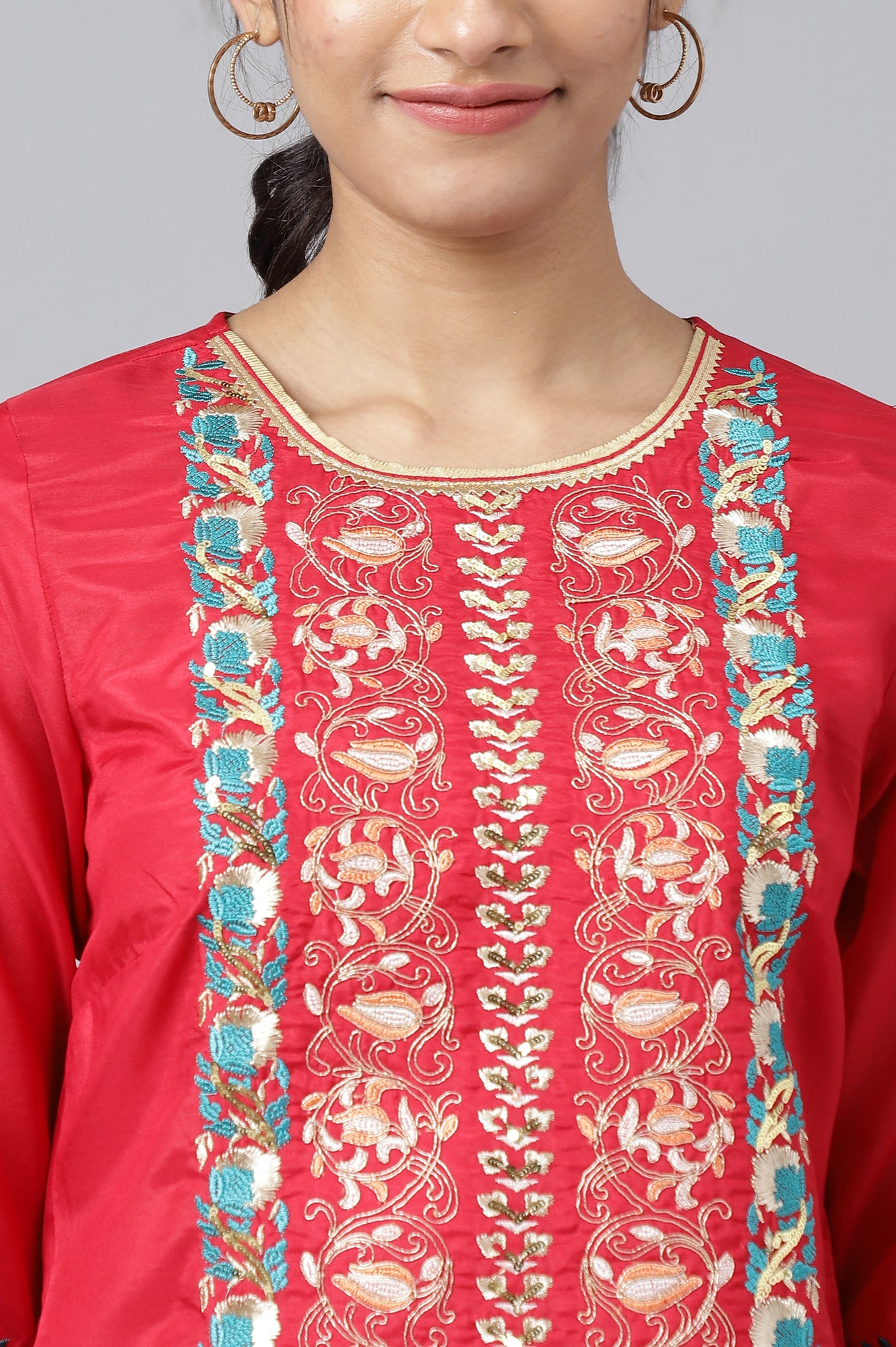 Red Embroidered Kurta With Blue Straight Palazzo And Dupatta