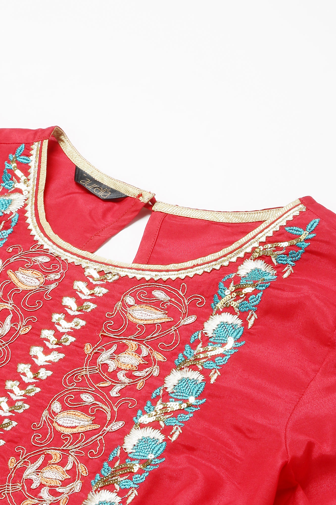 Red Embroidered Kurta With Blue Straight Palazzo And Dupatta