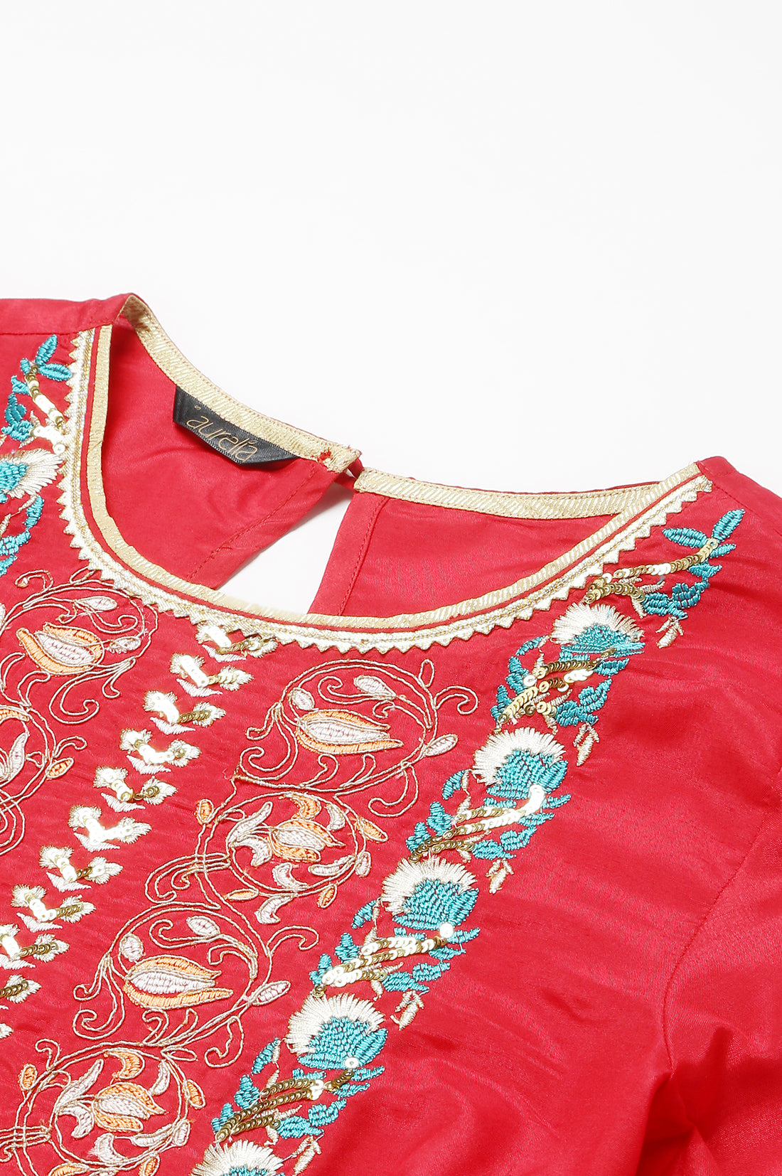 Red Embroidered kurta with Blue Straight Palazzo and Dupatta