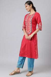 Red Embroidered Kurta With Blue Straight Palazzo And Dupatta