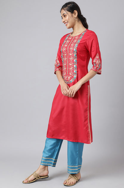 Red Embroidered Kurta With Blue Straight Palazzo And Dupatta