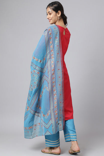 Red Embroidered Kurta With Blue Straight Palazzo And Dupatta