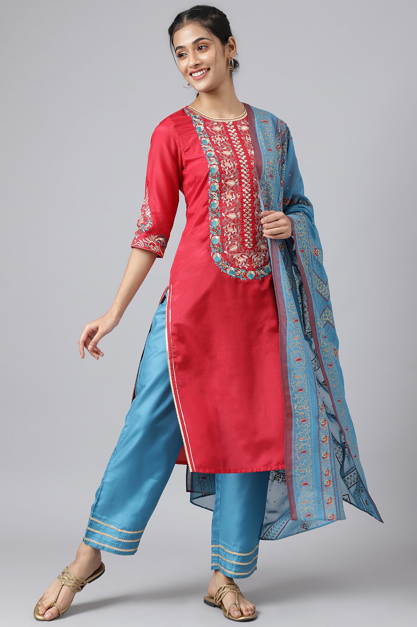 Red Embroidered Kurta With Blue Straight Palazzo And Dupatta