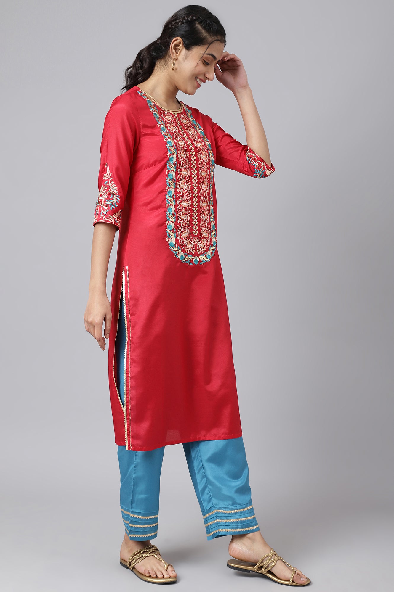 Red Embroidered Kurta With Blue Straight Palazzo And Dupatta