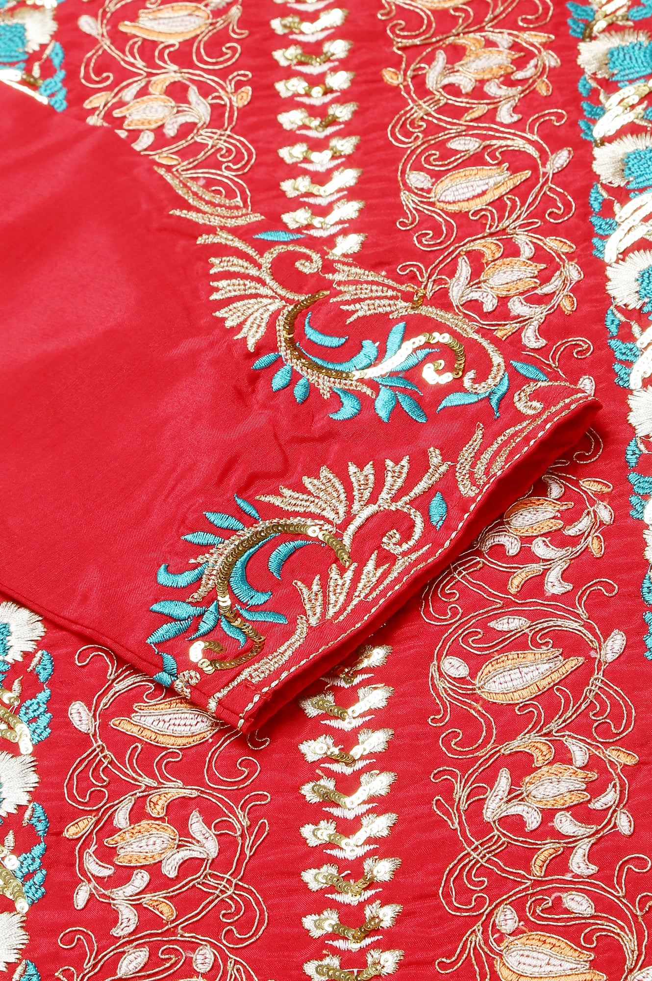 Red Embroidered Kurta With Blue Straight Palazzo And Dupatta