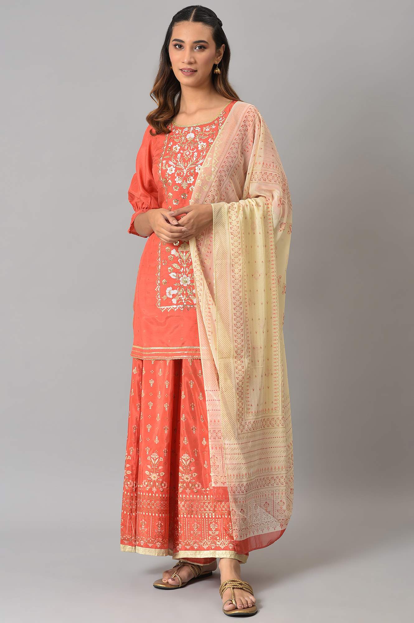 Peach Zari Embroidered Kurta And Palazzo With Printed Dupatta