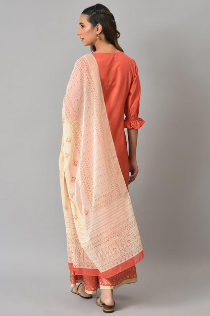 Peach Zari Embroidered Kurta And Palazzo With Printed Dupatta