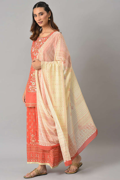 Peach Zari Embroidered Kurta And Palazzo With Printed Dupatta