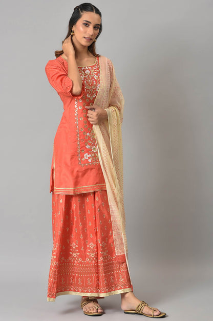 Peach Zari Embroidered Kurta And Palazzo With Printed Dupatta