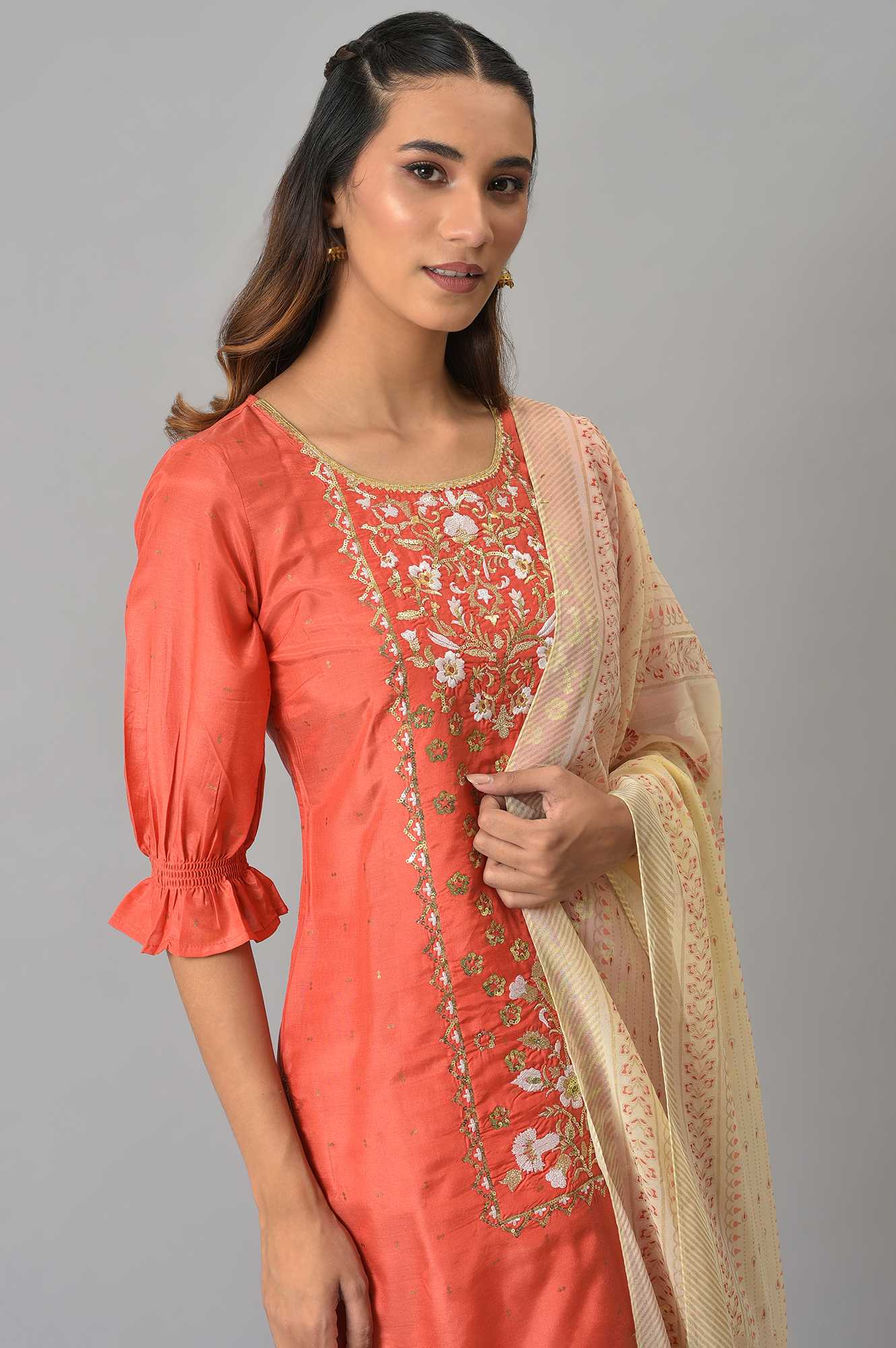 Peach Zari Embroidered Kurta And Palazzo With Printed Dupatta