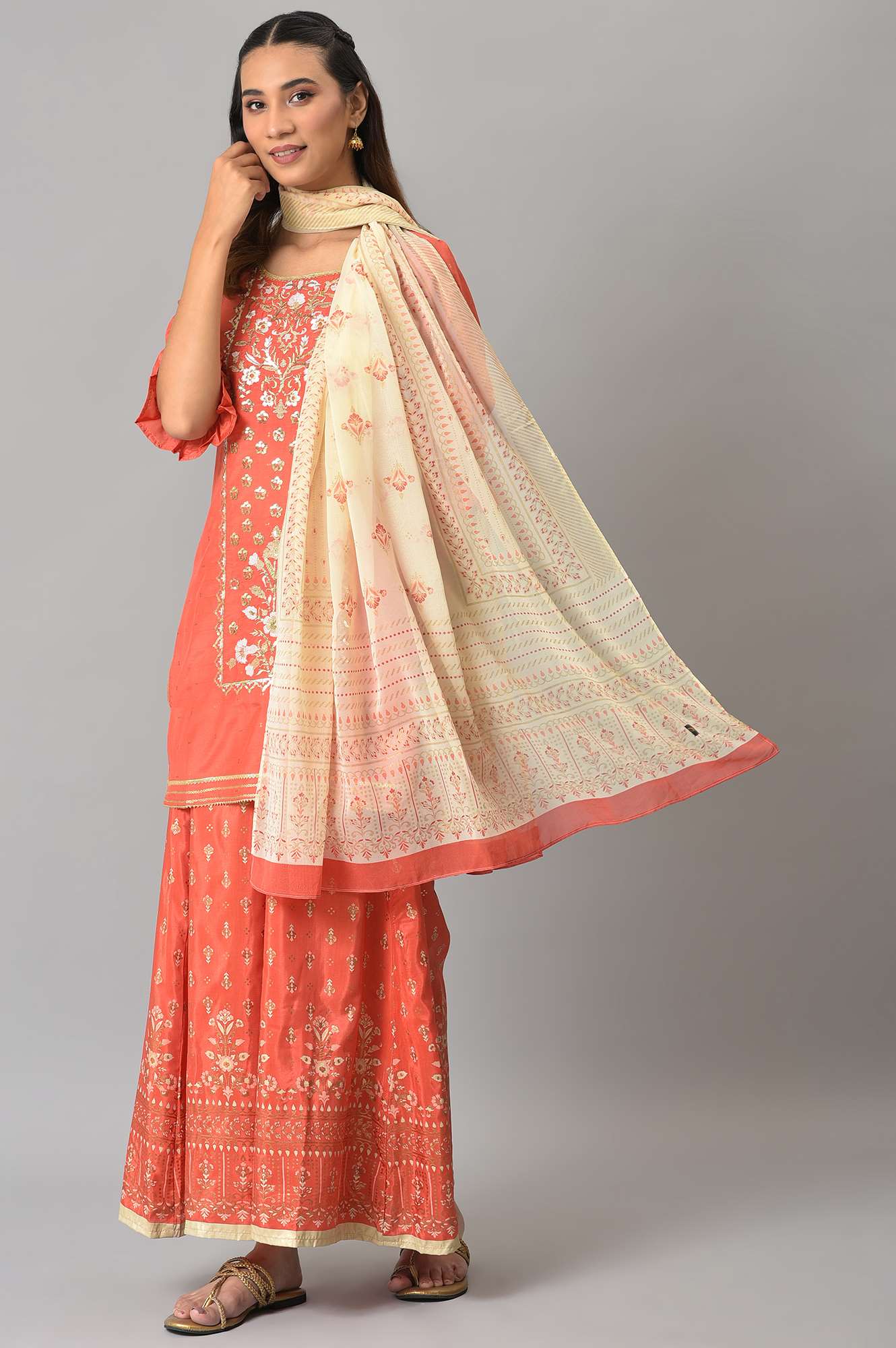 Peach Zari Embroidered Kurta And Palazzo With Printed Dupatta