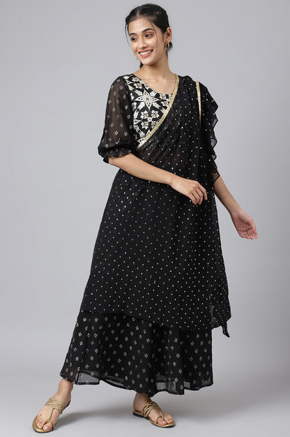 Black Embroidered Top With Semi Flared Palazzo And Dupatta