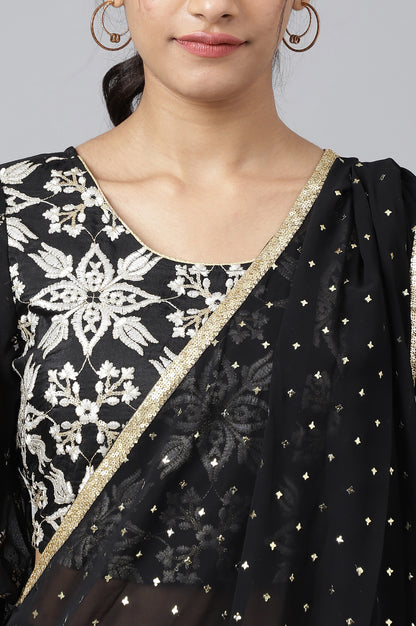 Black Embroidered Top With Semi Flared Palazzo And Dupatta