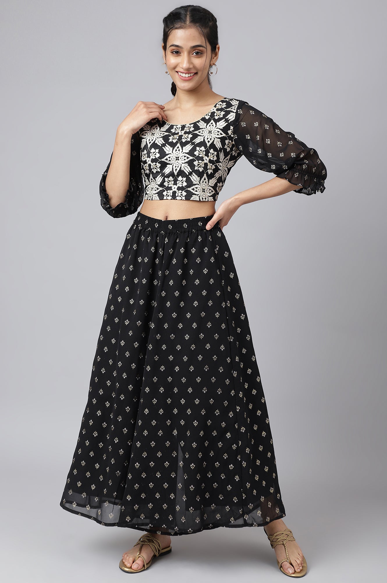 Black Embroidered Top With Semi Flared Palazzo And Dupatta