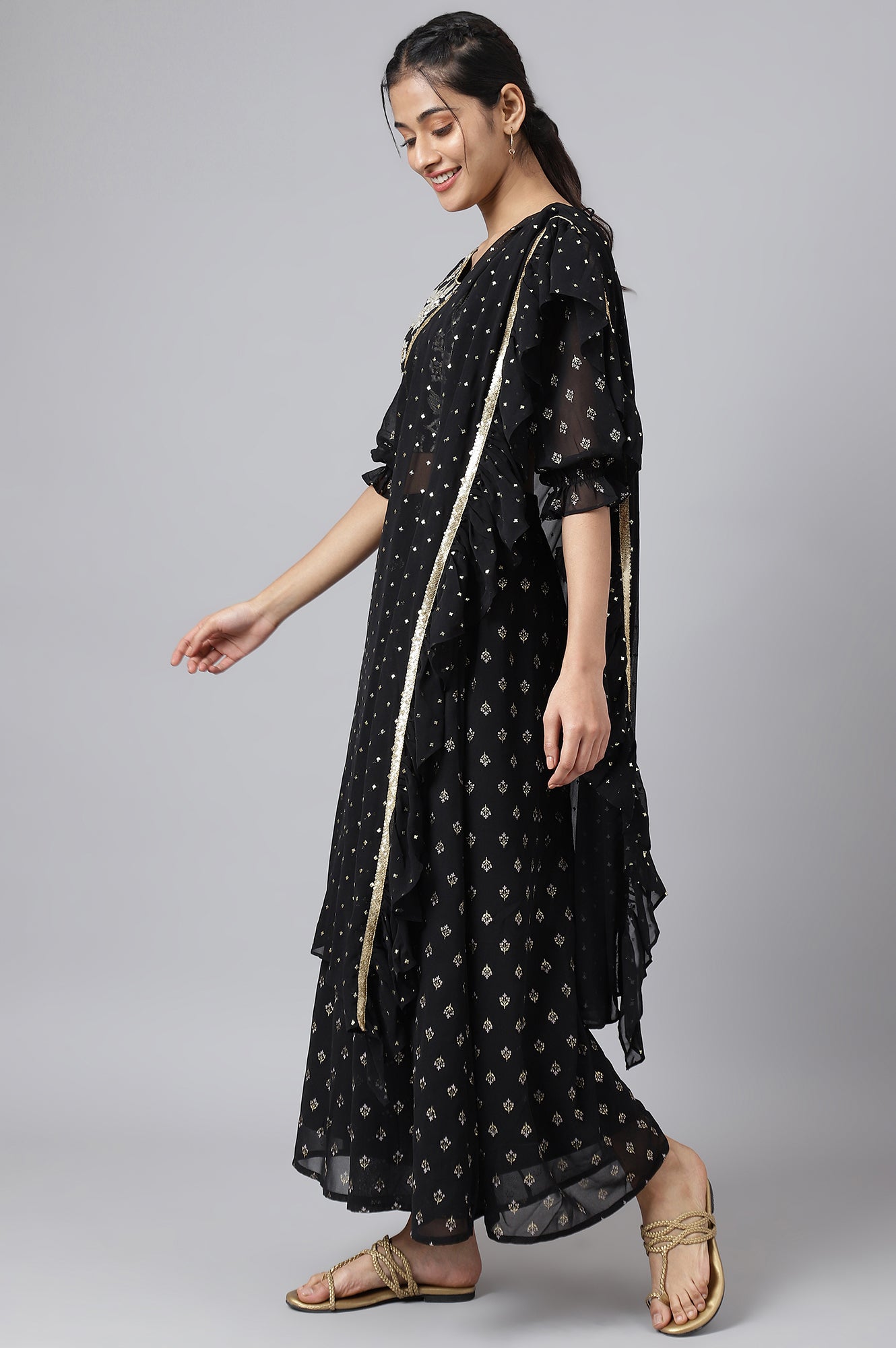 Black Embroidered Top With Semi Flared Palazzo And Dupatta