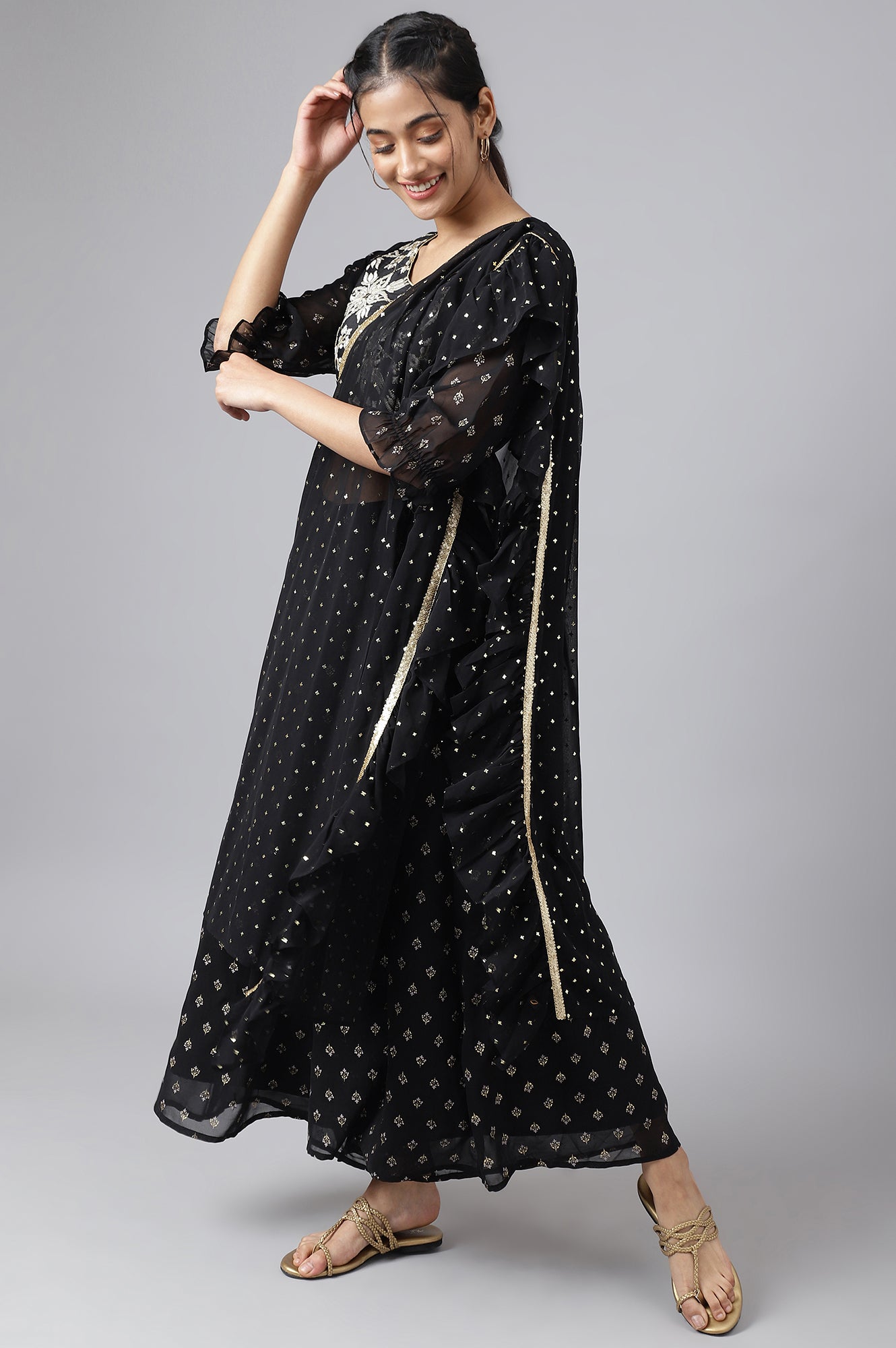 Black Embroidered Top With Semi Flared Palazzo And Dupatta